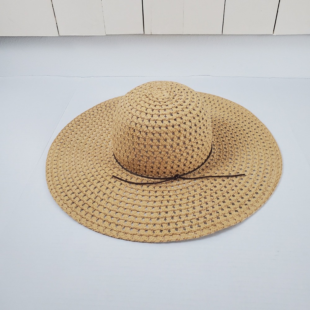 Woven Straw Wide Brim Sun Hat Natural Tan Beach Accessory with Cord Band